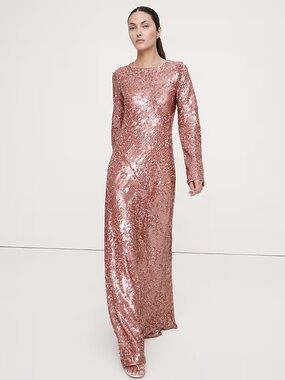 Sequin Long-Sleeve Maxi Dress in Rose Gold Banana Republic